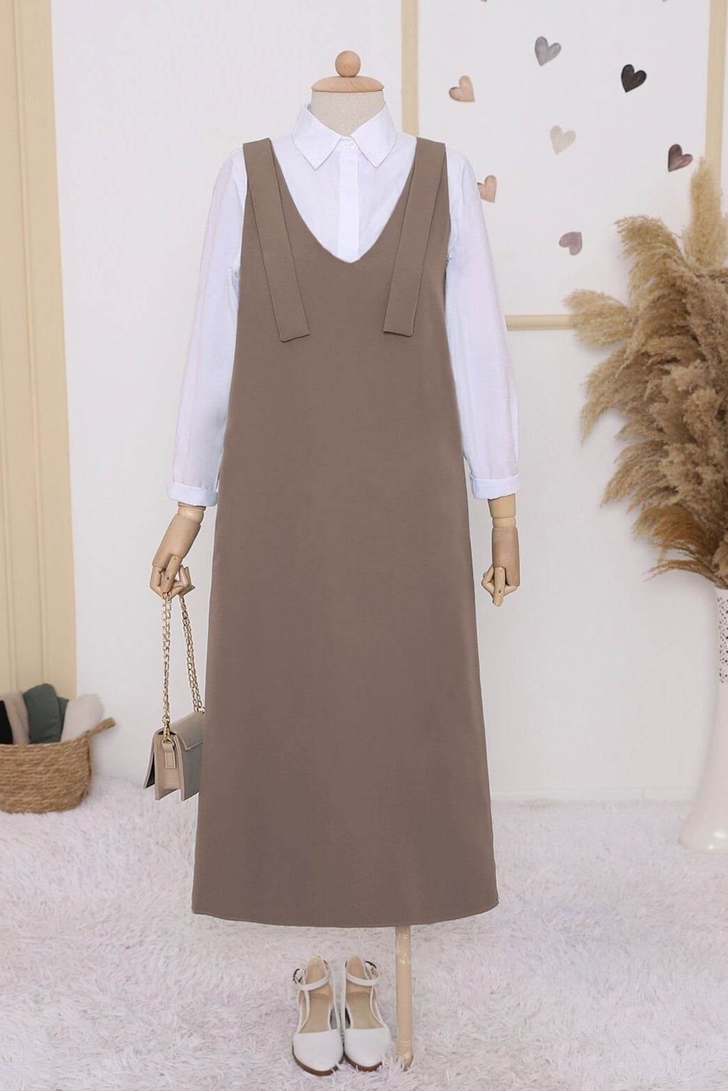 Long Sleeveless Jumper Dress with Shoulder Ties - Light Brown - Podyumplus - by Peralane - photo 3