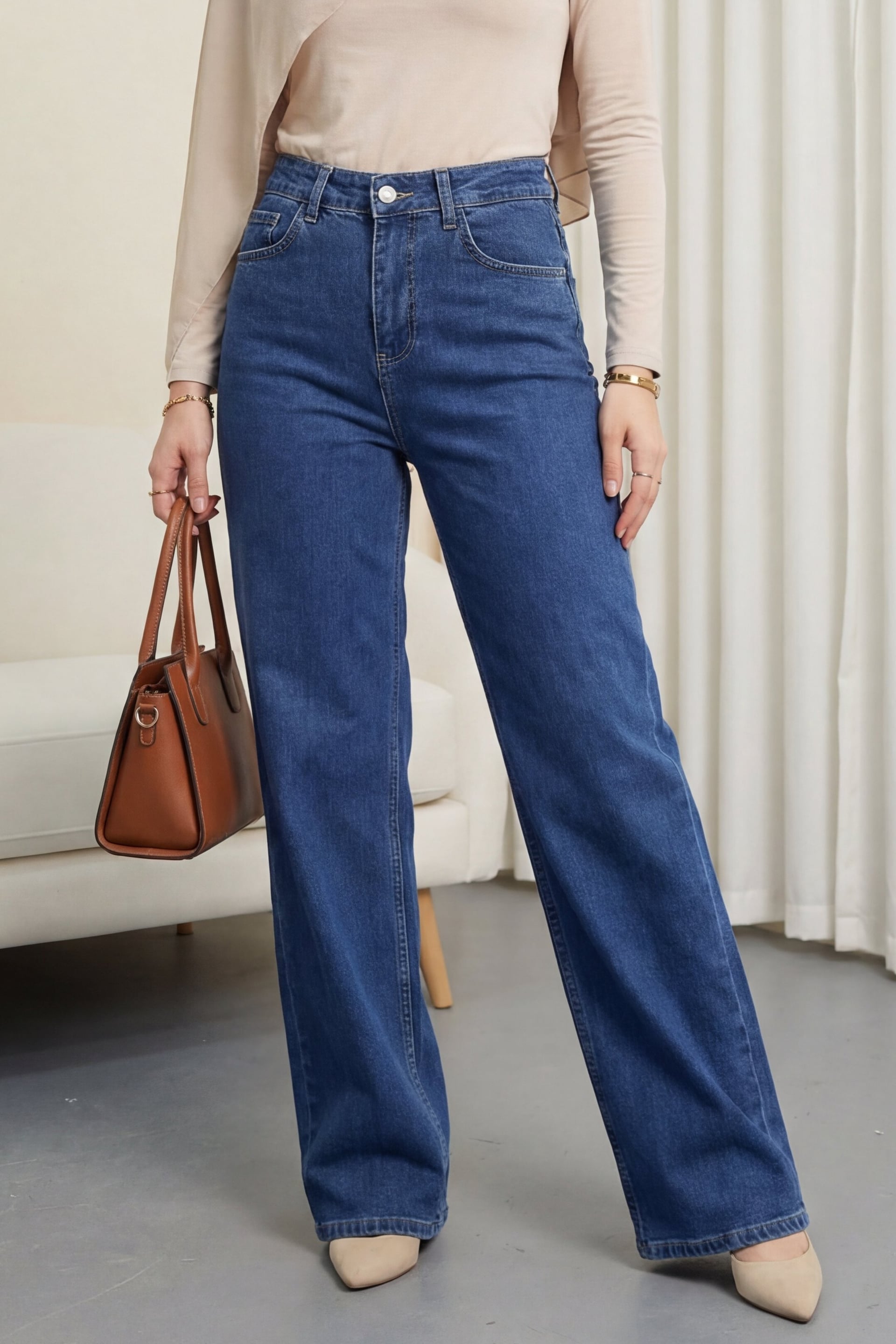 Pocket Zip Palazzo Denim Trousers - Blue - Podyumplus - by Peralane