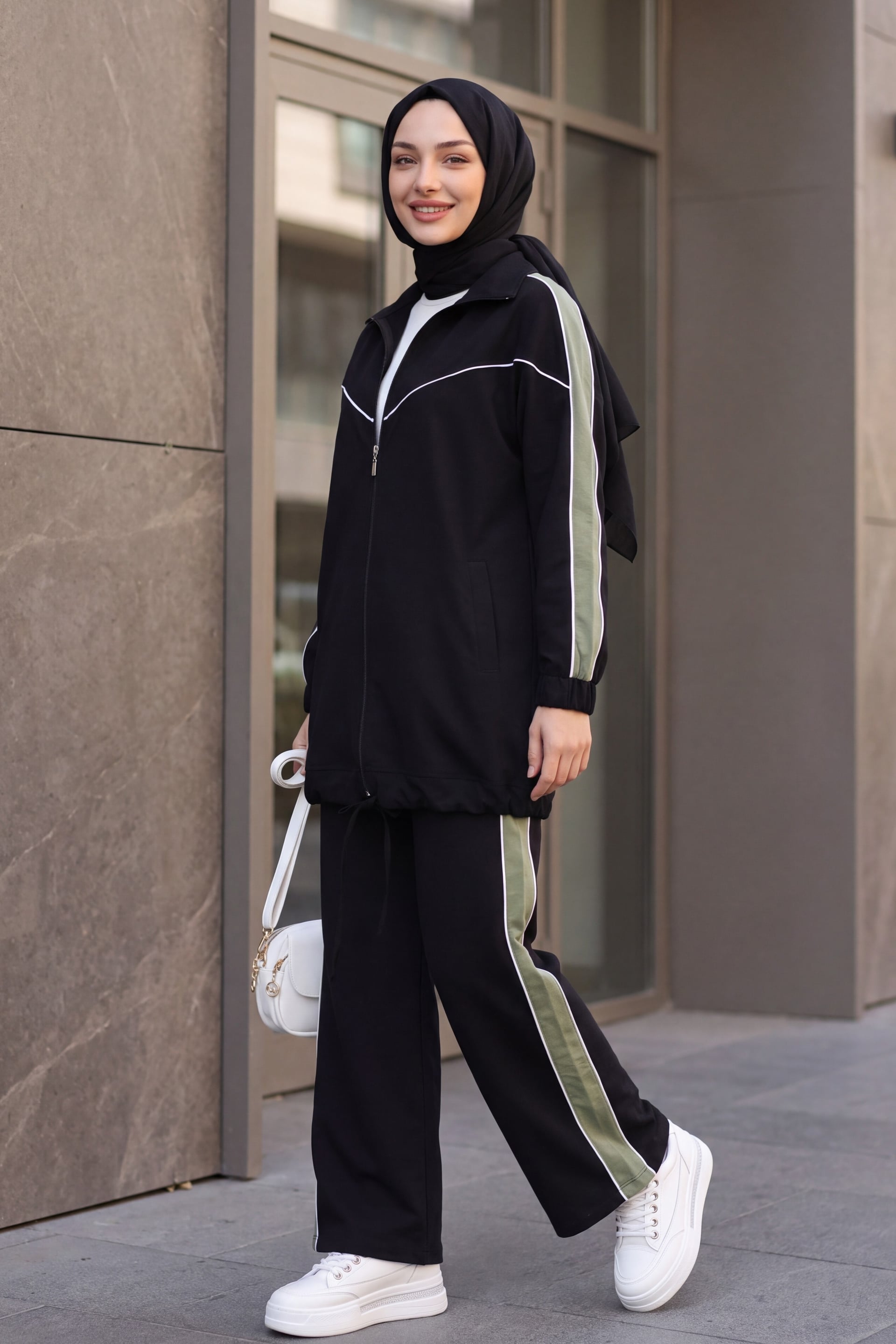 Striped Skirt and Drawstring Trousers Zip-Up Tracksuit Set - Black - Podyumplus - by Peralane - photo 4