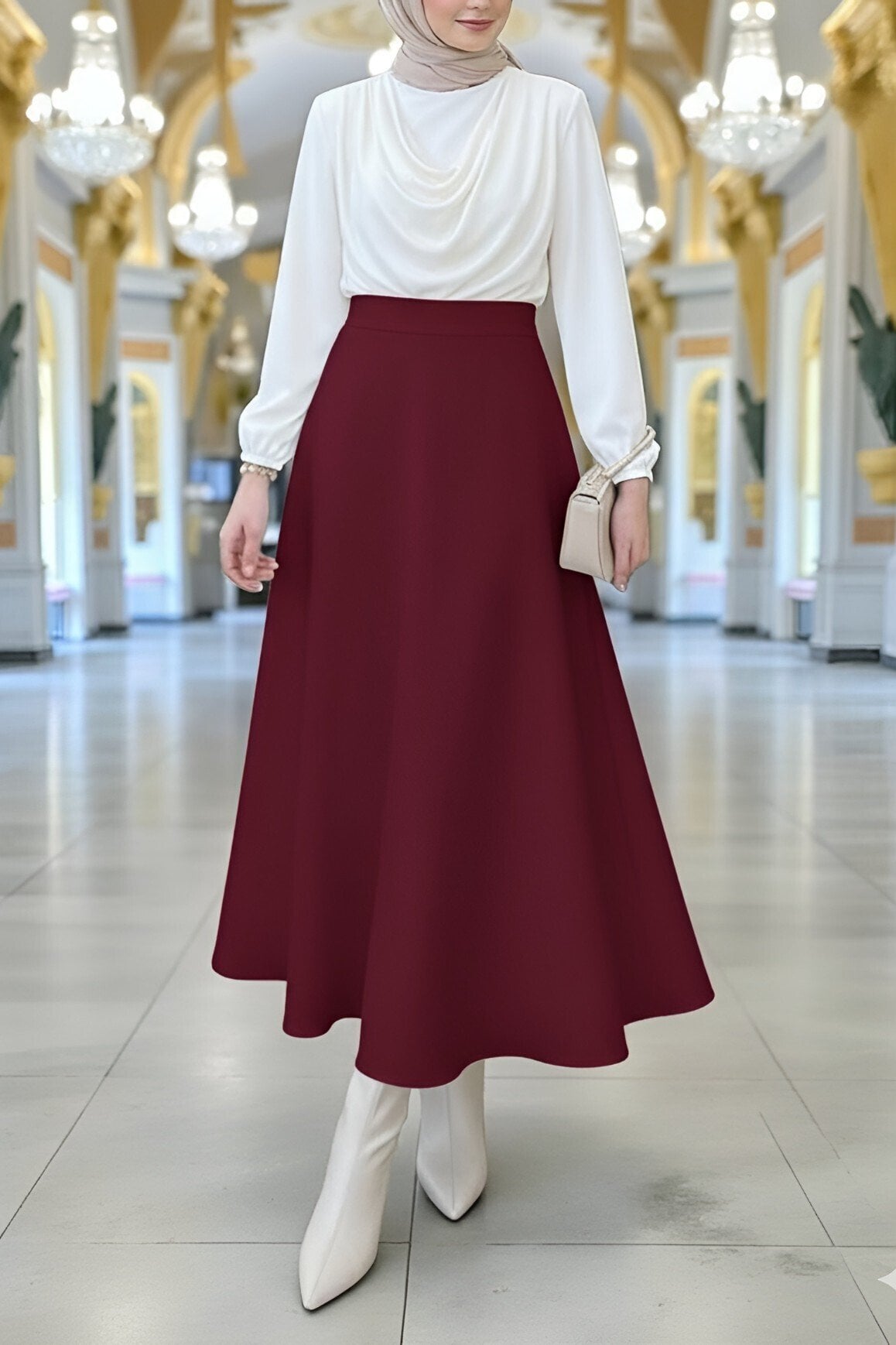 Burgundy Scuba Puff Skirt with Elastic Waist - Podyumplus - by Peralane