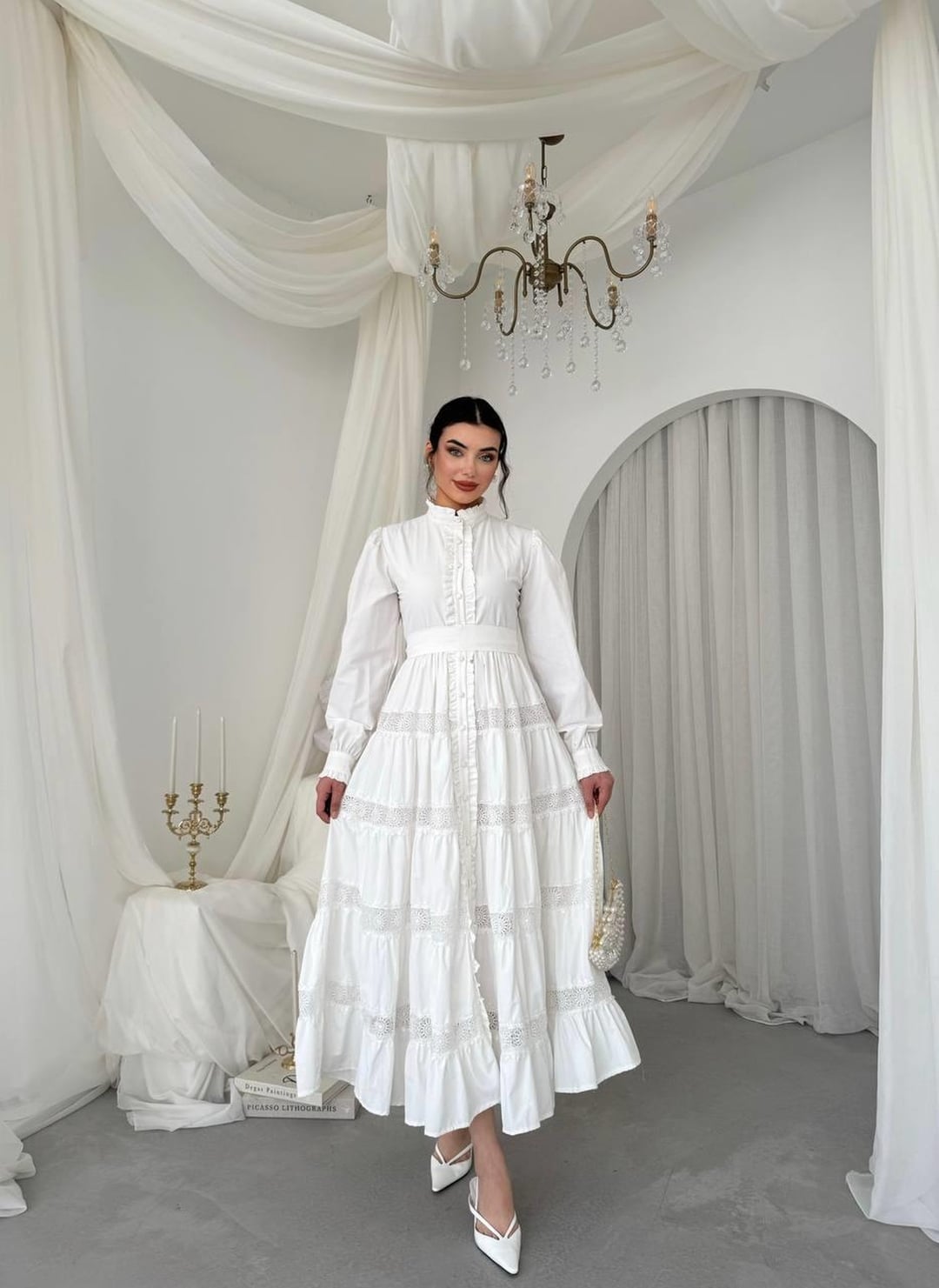 Ekru Poplin Dress with Belt and Lace Inserts - Etika - by Peralane - photo 8