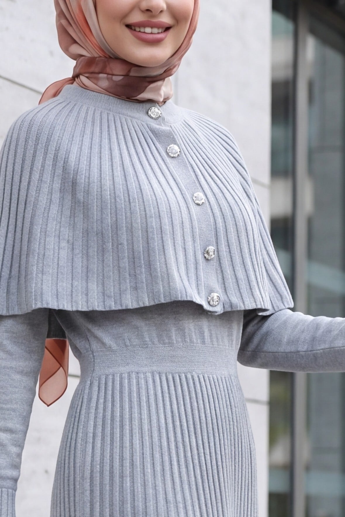 Ribbed Knit Long Dress with Capelet Detail and Elastic Waist - Light Beige - Podyumplus - by Peralane - photo 4