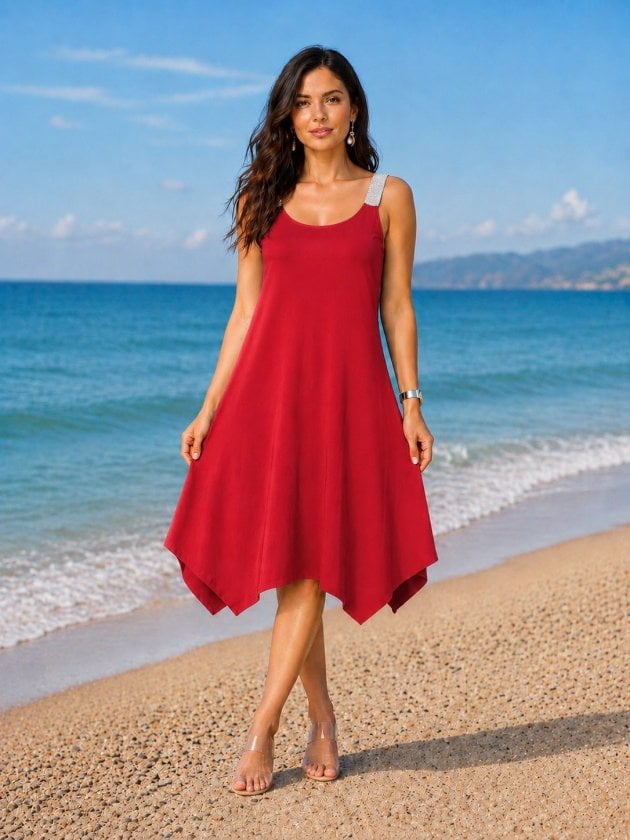 Women's Red Sleeveless Scoop Neck Asymmetric Hem Midi Viscose Dress - Janes - by Peralane
