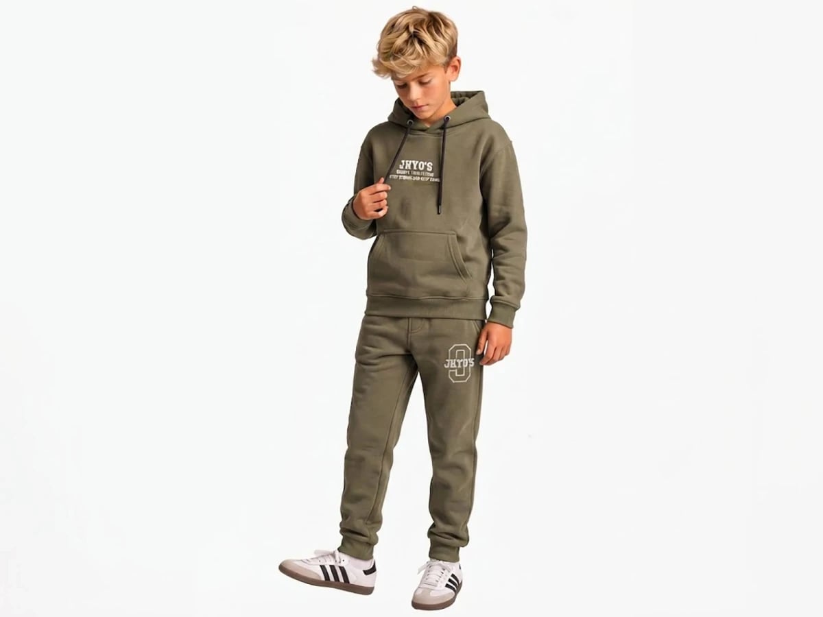 Boys' Printed Hooded Sweatshirt and Trousers Set - Olive Green (Pack of 4) - Koska - by Peralane