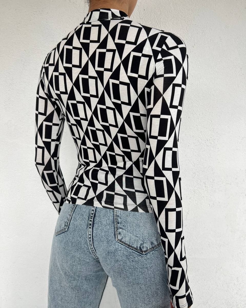 Mixed Geometric Print Mock Neck Long Sleeve Top - Podyumplus - by Peralane - photo 4