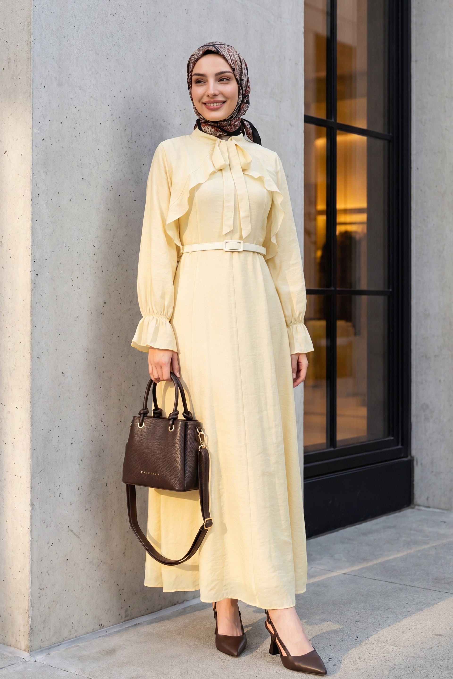Pale Yellow Two-Piece Tulle Voile Dress with Detachable Bolero and Belt - Podyumplus - by Peralane