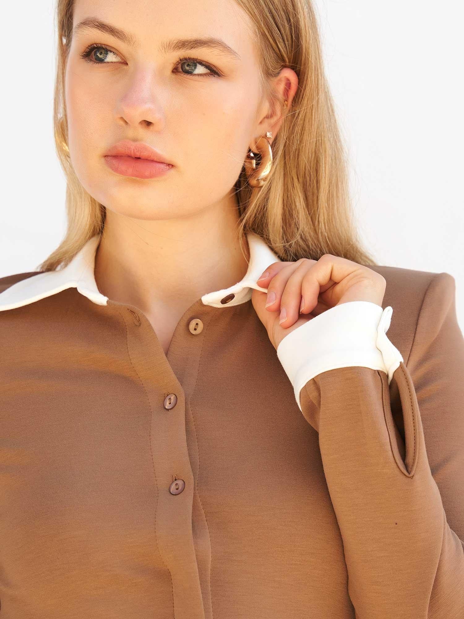 Women's Brown Knit Blouse with Collar and Cuffs - Lefon - by Peralane - photo 9