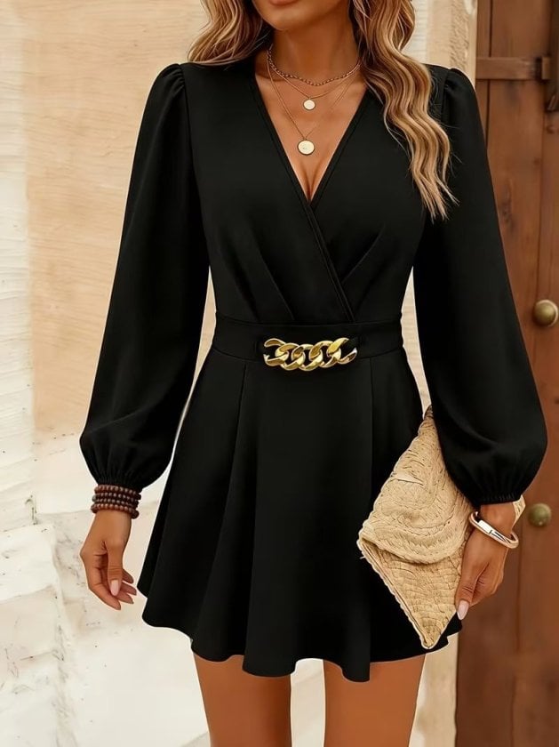 Women's Long Sleeve Wrap Collar Chain Detail Short Shimmer Crepe Dress - Janes - by Peralane - photo 4