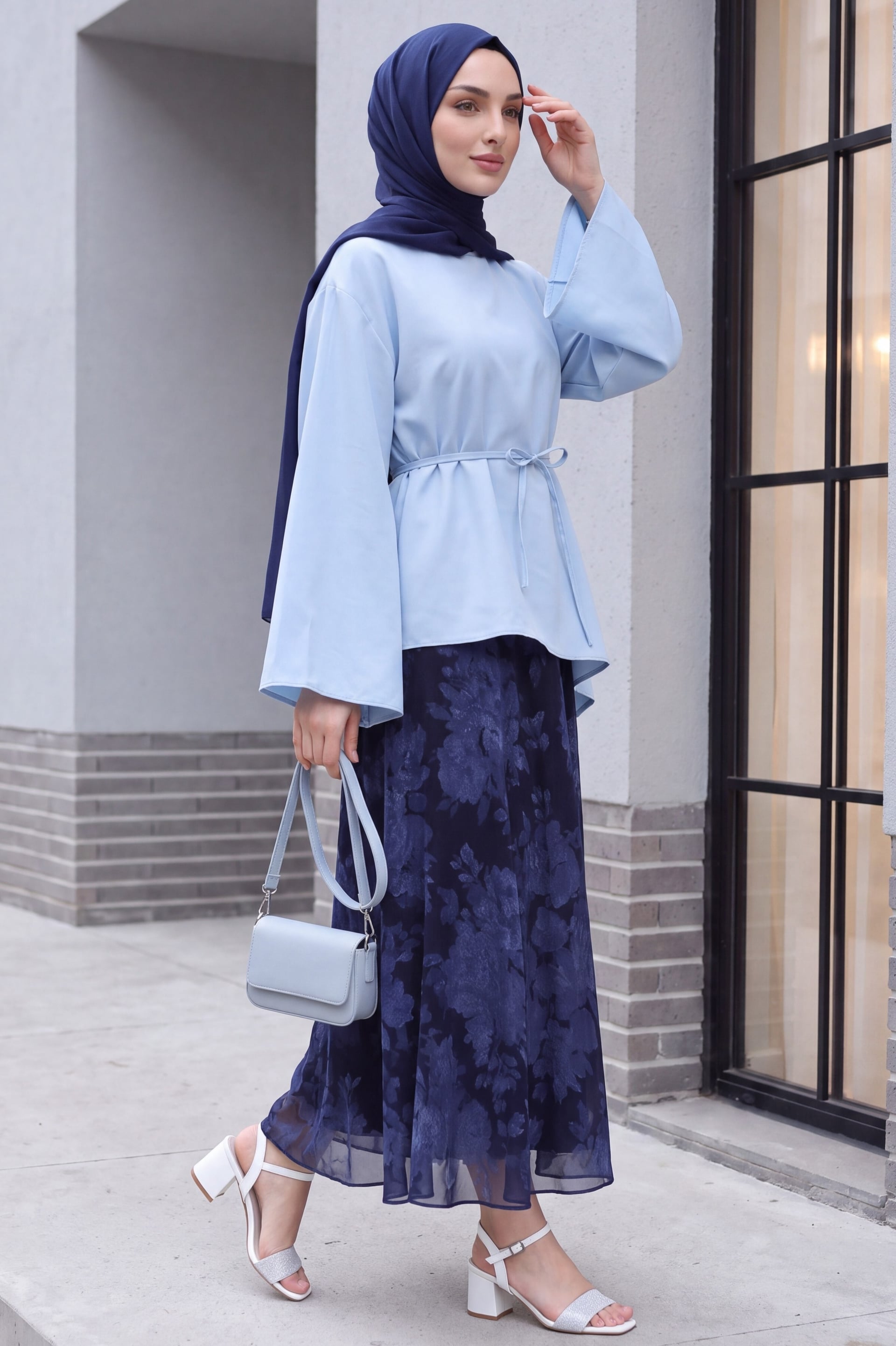 Asymmetric Cut Tie-Waist Oversize Modal Tunic - Baby Blue - Podyumplus - by Peralane - photo 2