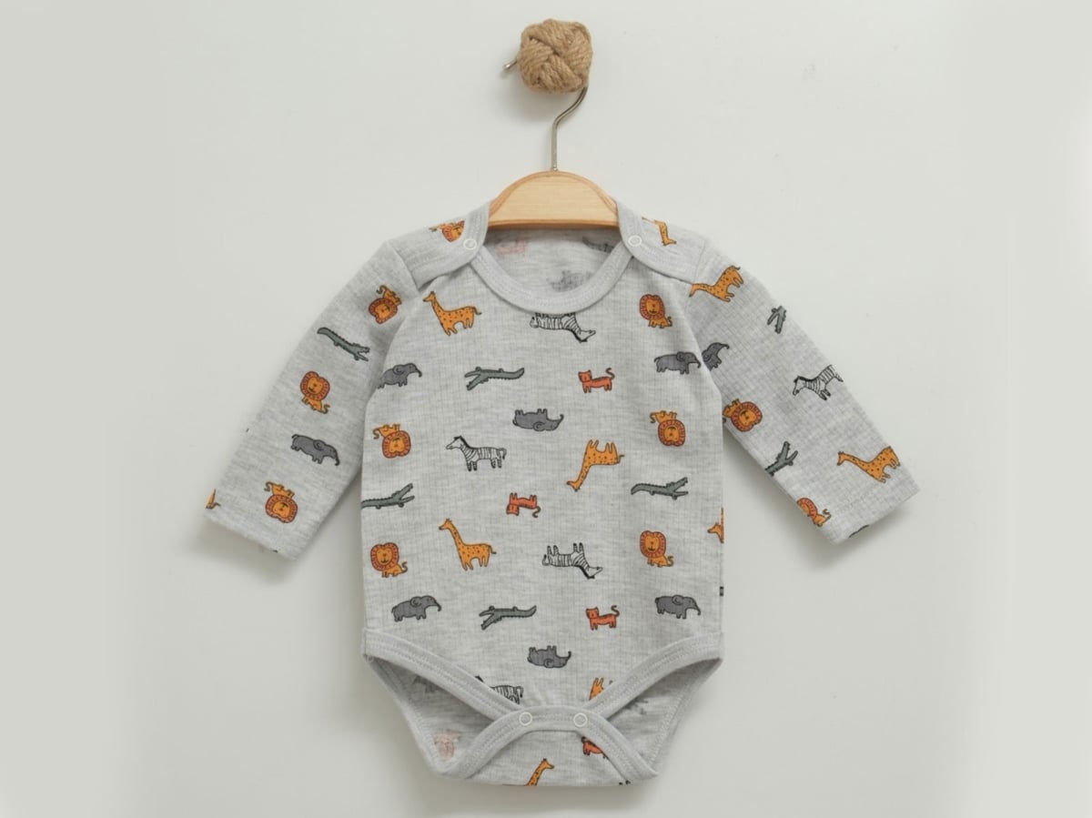 Boys' Long-Sleeved Snap Bodysuit with Safari Animal Print - Grey (Pack of 4) - Nayinom - by Peralane