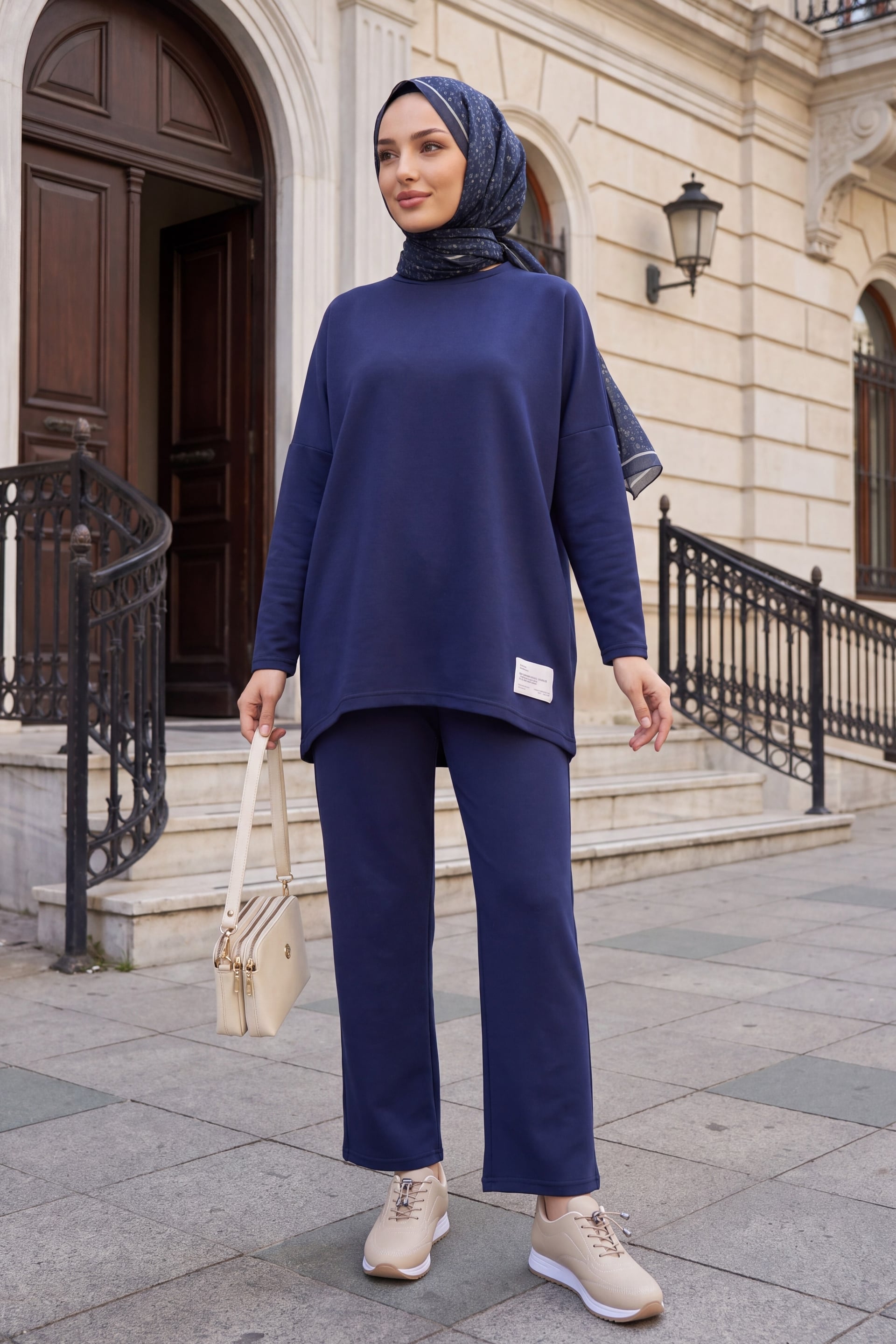 Round Neck Long Back Pocket Oversize Stretch Jersey Loungewear Set - Navy - Podyumplus - by Peralane