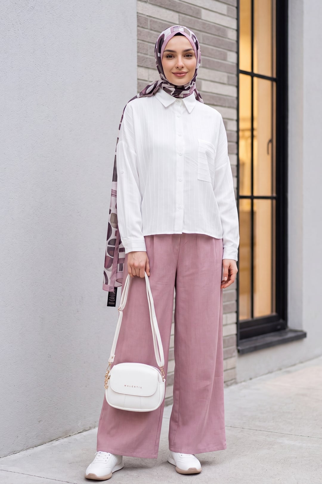 Elasticated Waist Wide-Leg Pleated Linen-Look Trousers - Powder Pink - Podyumplus - by Peralane - photo 5