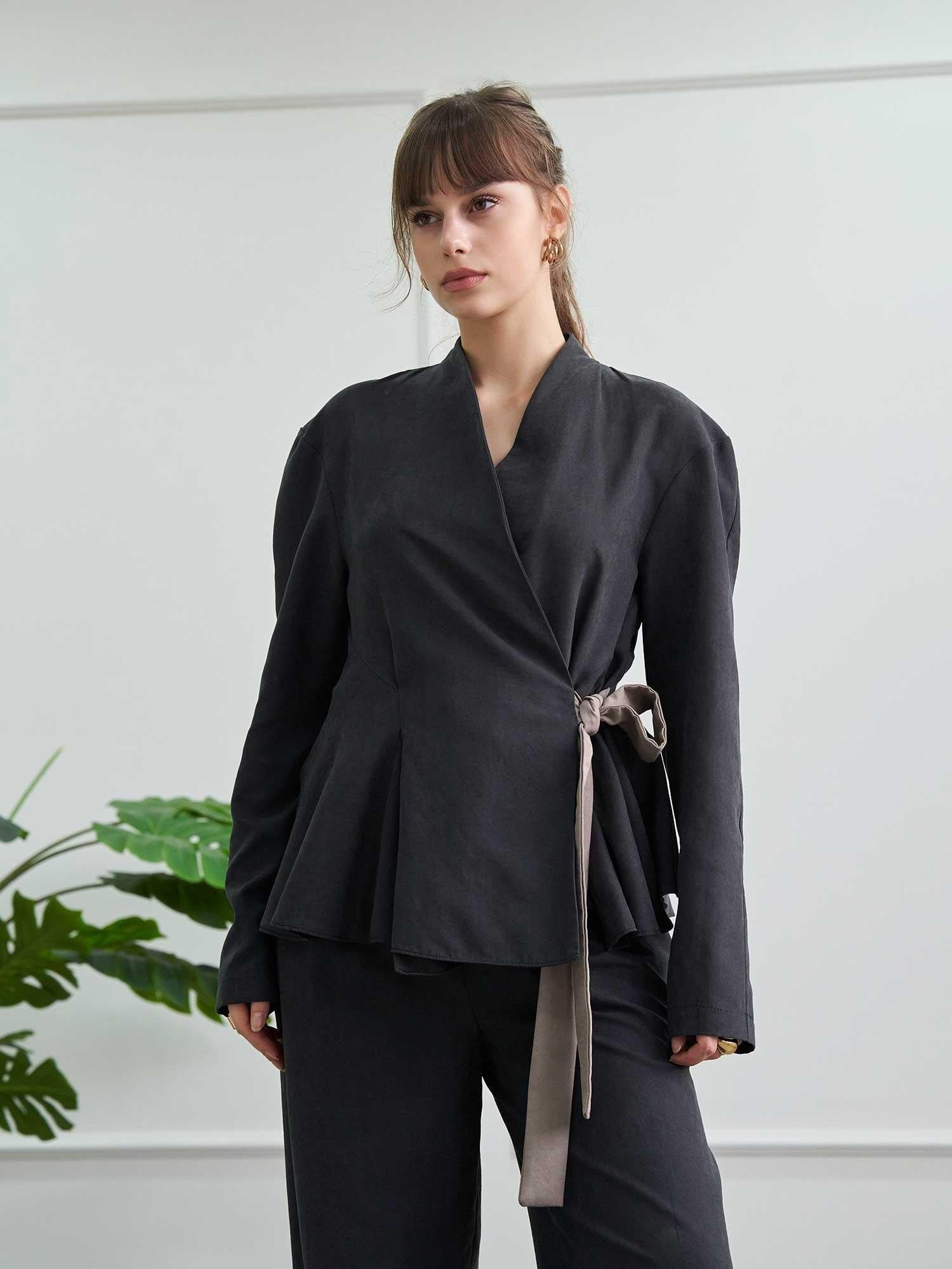Peplum Wrap Belted Modal Suede Jacket - Lefon - by Peralane