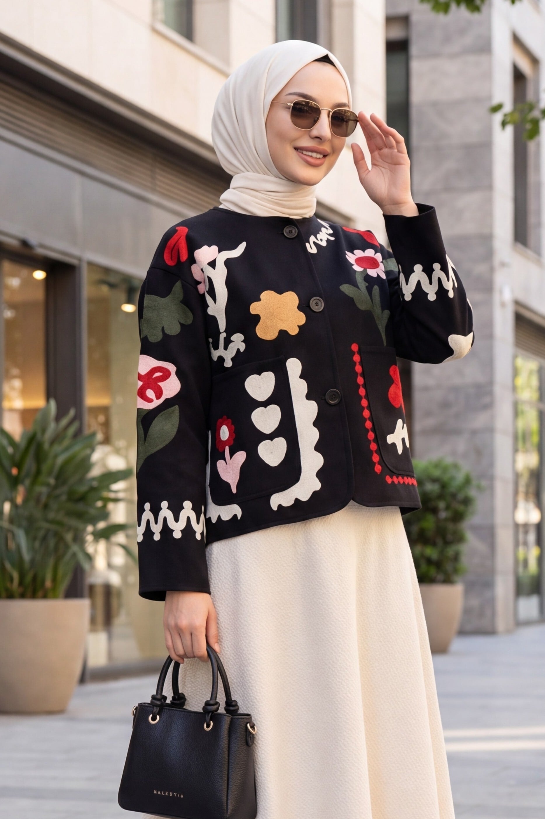Women's Black Gabardine Jacket with Embroidered Floral Appliqué and Front Button Closure - Podyumplus - by Peralane - photo 3