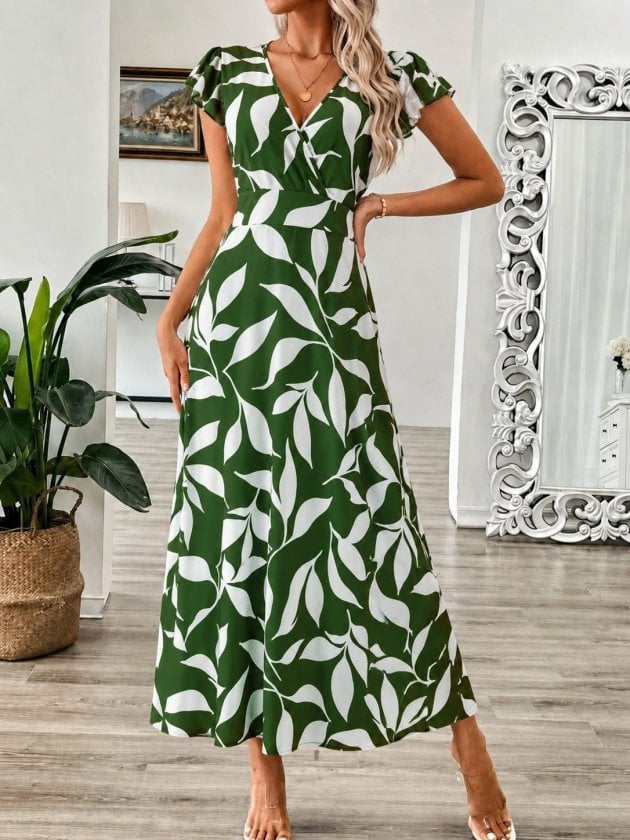 Women's Short Sleeve Wrap V-Neck Leaf Print Long Suprem Dress - Janes - by Peralane