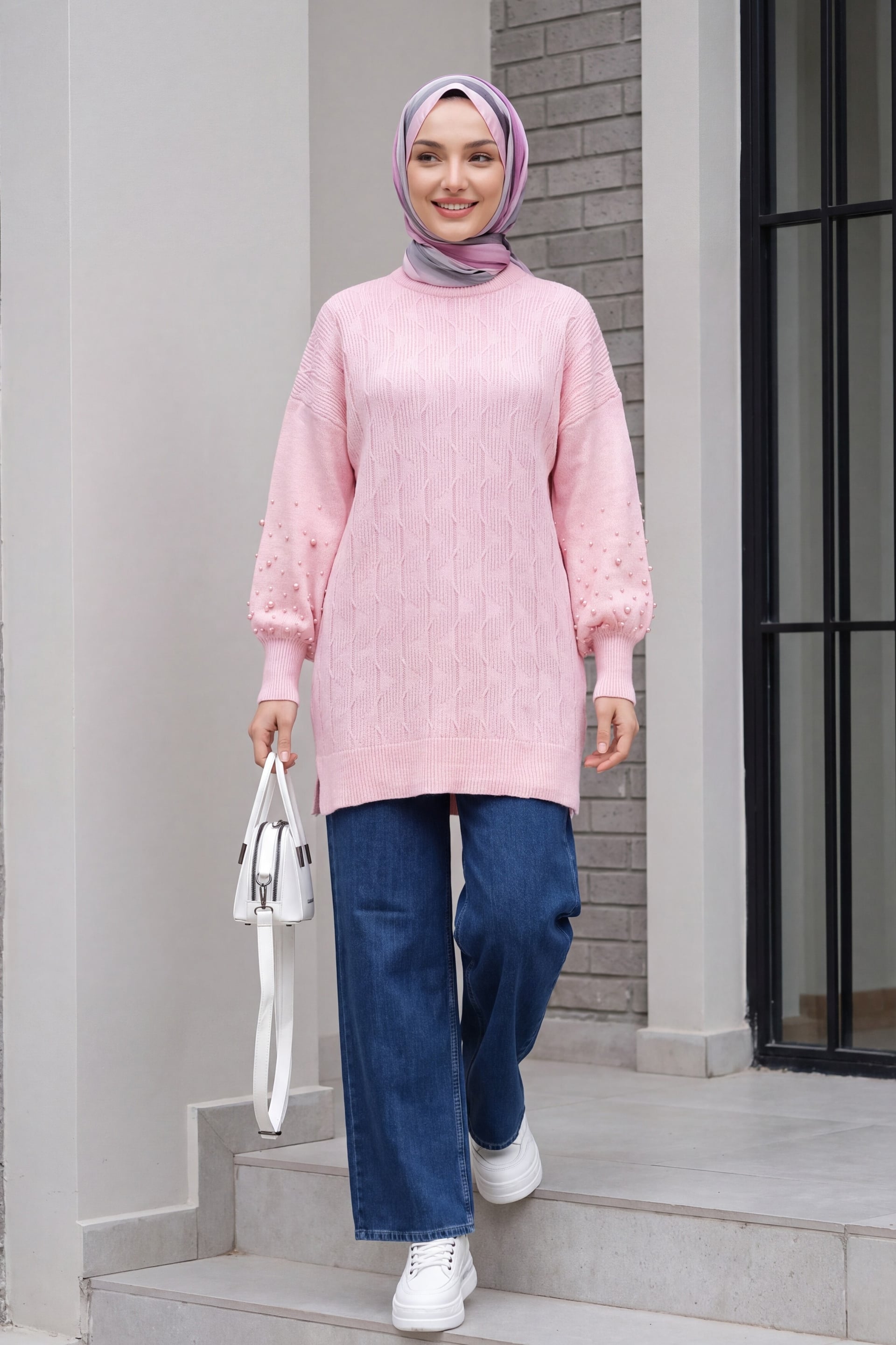 Pink Pearl-Embellished Patterned Relaxed Knit Tunic - Podyumplus - by Peralane - photo 5