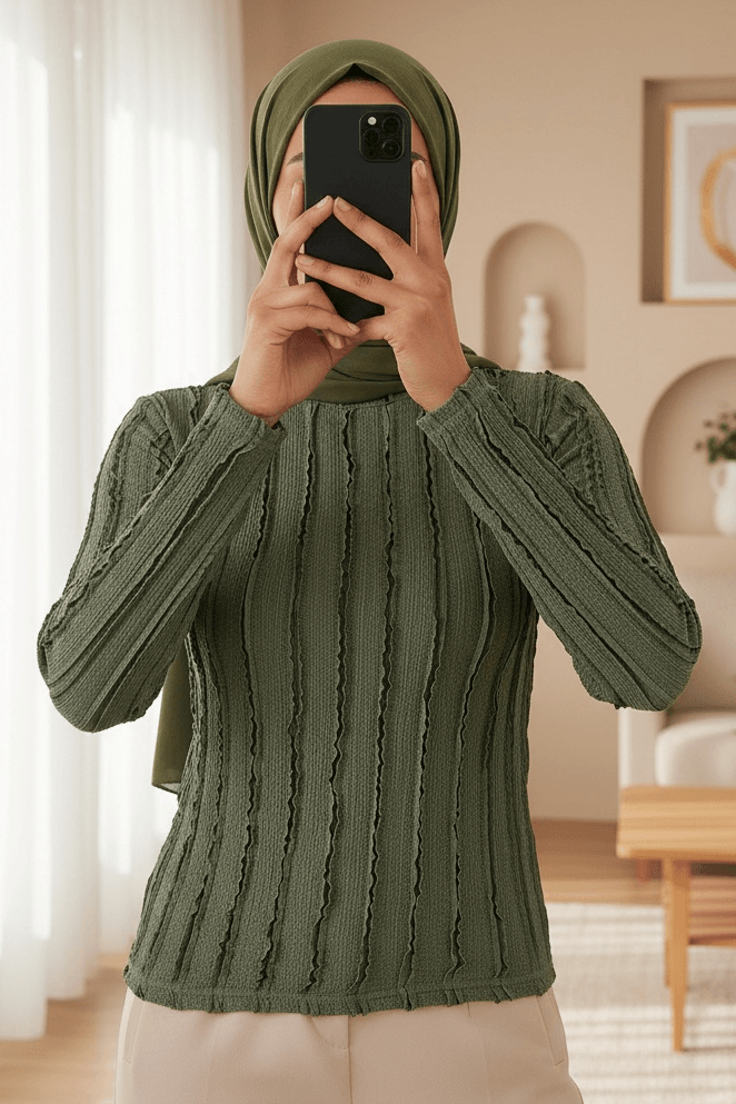 Women's Textured Stretch Knit Blouse - Olive Green - Wholeskop - by Peralane