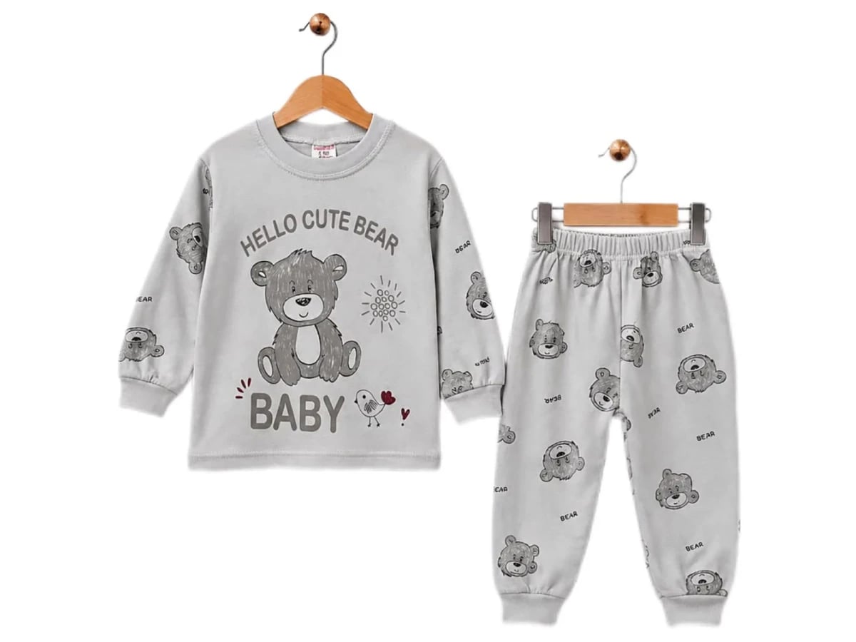 Teddy Bear Print Baby Boys' Pyjama Set - Light Grey - Supermini - by Peralane
