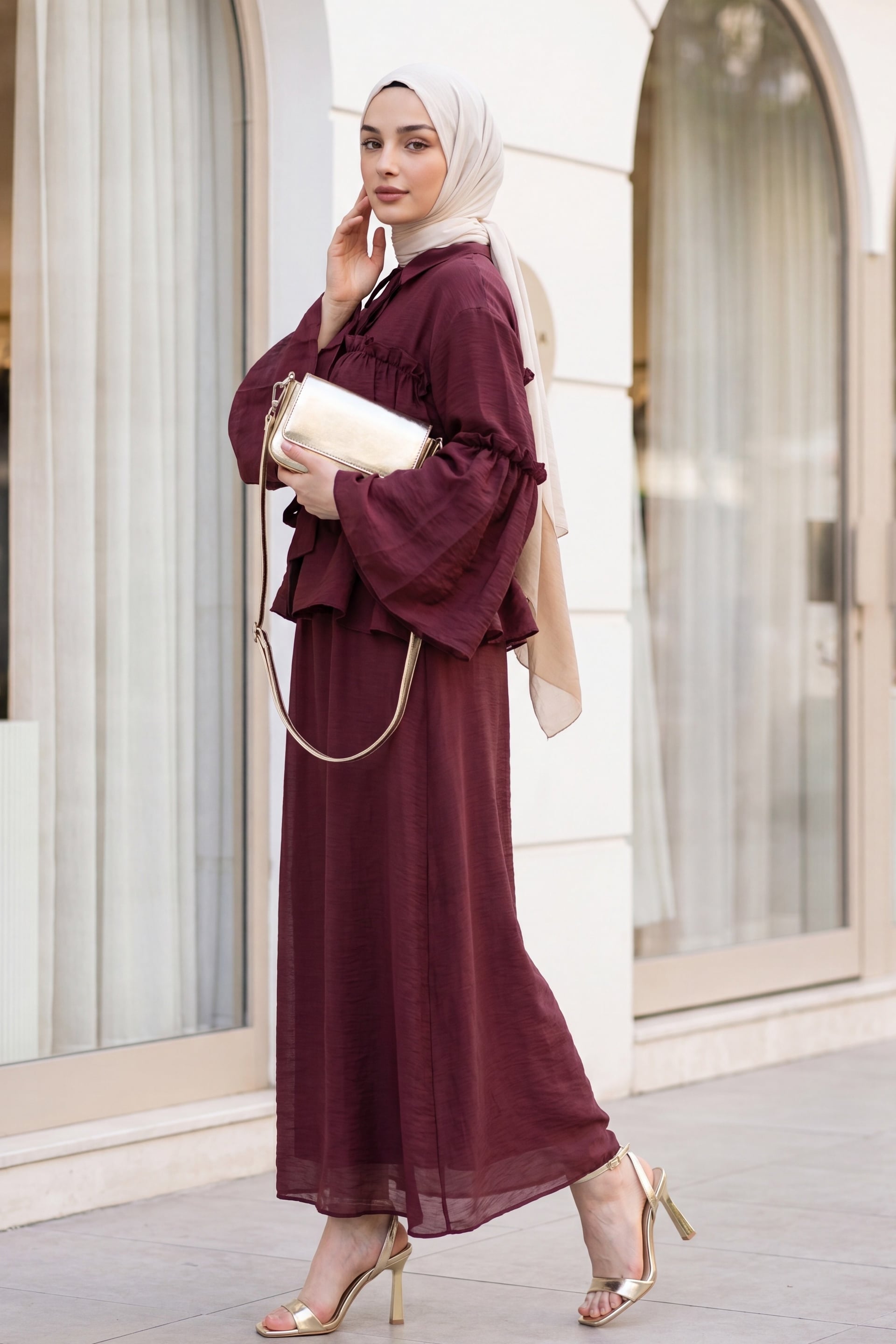 Tie-Neck Ruffled Lined Belted Tulle Voile Dress - Burgundy - Podyumplus - by Peralane - photo 4