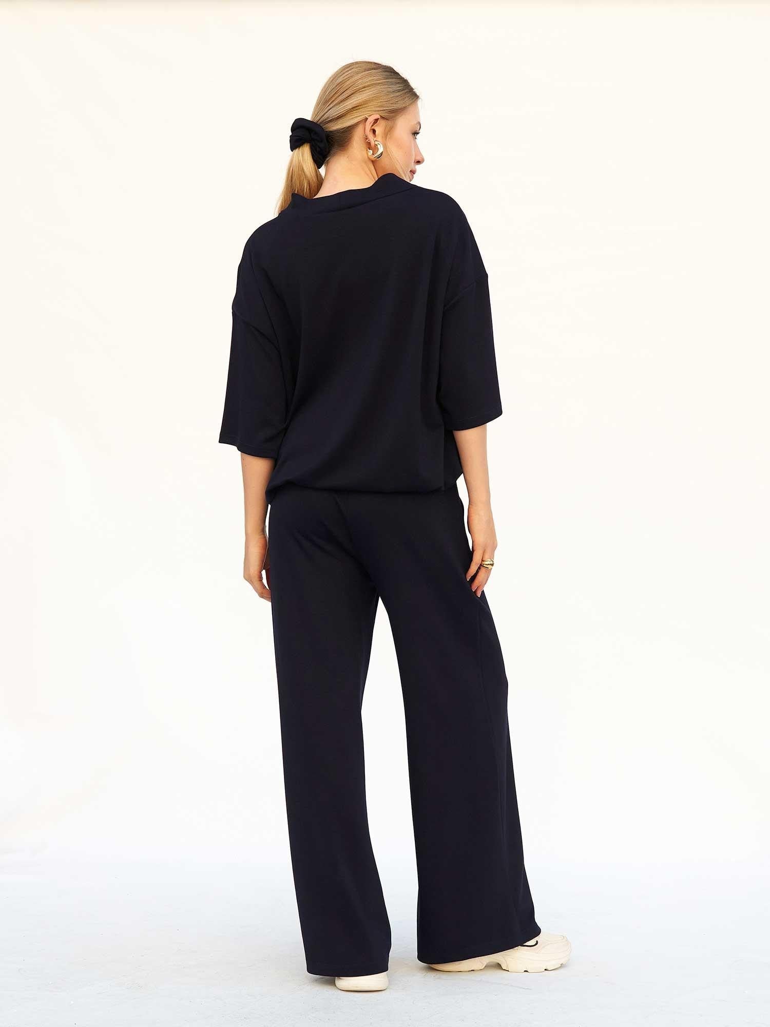 Navy Blue V-Neck Knit Blouse and Drawstring Trousers Loungewear Set - Lefon - by Peralane - photo 10