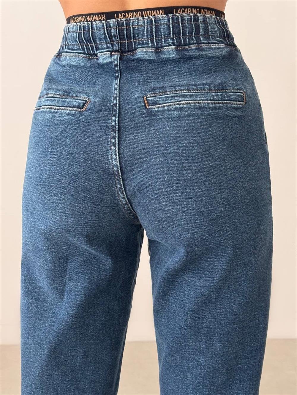 Women's High-Waist Elasticated Tapered Dark Blue Denim Trousers - Lacarino Jeans - by Peralane - photo 4