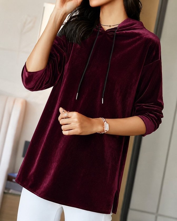 Women's Burgundy Velvet Long-Sleeve Hooded Blouse with Drawstring - Janes - by Peralane