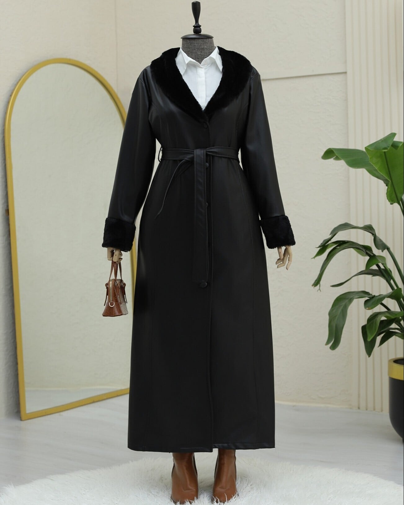 Black Faux Leather Belted Trench Coat with Faux Fur Trim - Podyumplus - by Peralane - photo 3