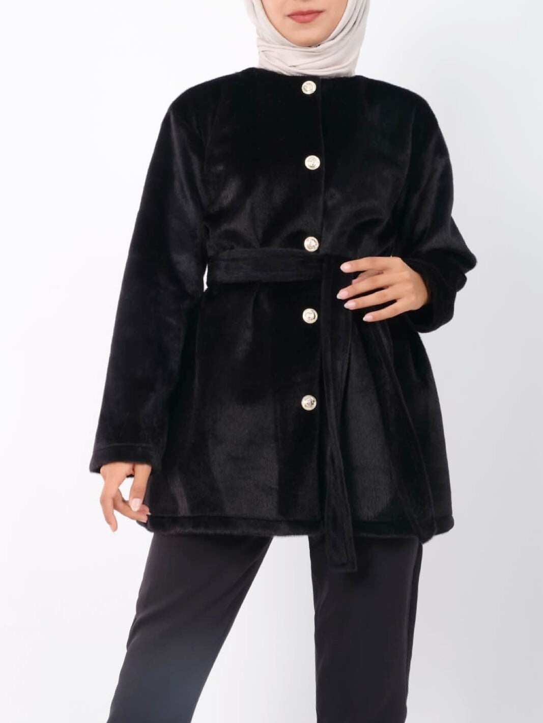 Black Faux Fur Belted Button-Front Jacket - Podyumplus - by Peralane - photo 3