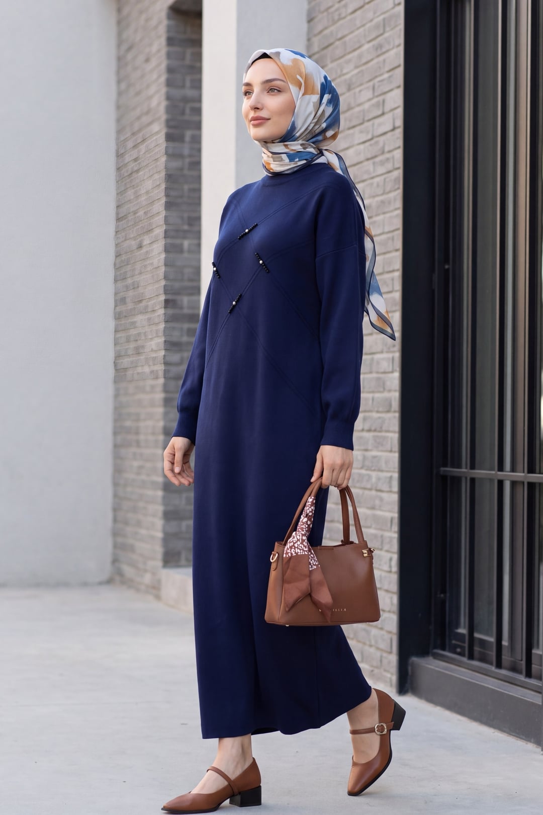 Beaded Patterned Knit Dress in Navy - Podyumplus - by Peralane - photo 2