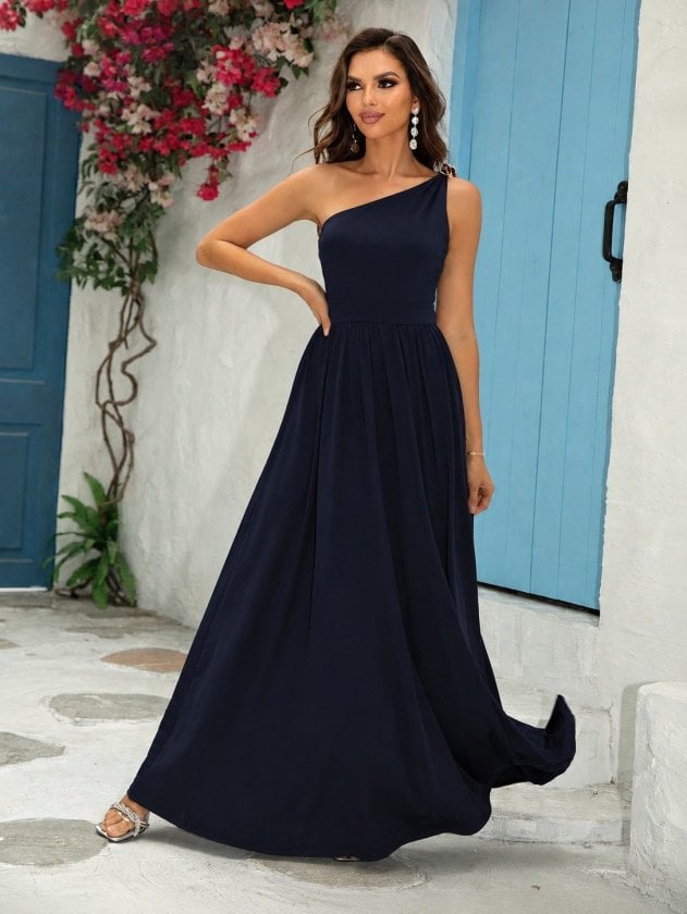 Women's One-Shoulder Navy Blue Maxi Dress with Clip Detail and Side Slit - Janes - by Peralane - photo 4