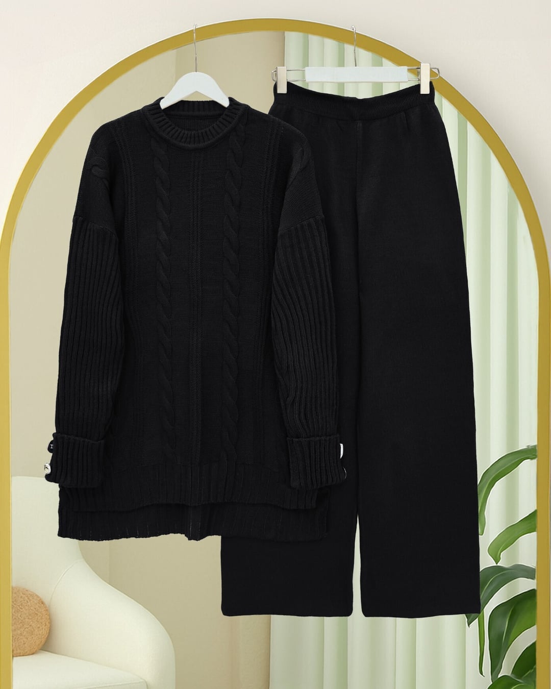 Black Cable-Knit Sweater and Trousers Set with Button Detail - Podyumplus - by Peralane - photo 3