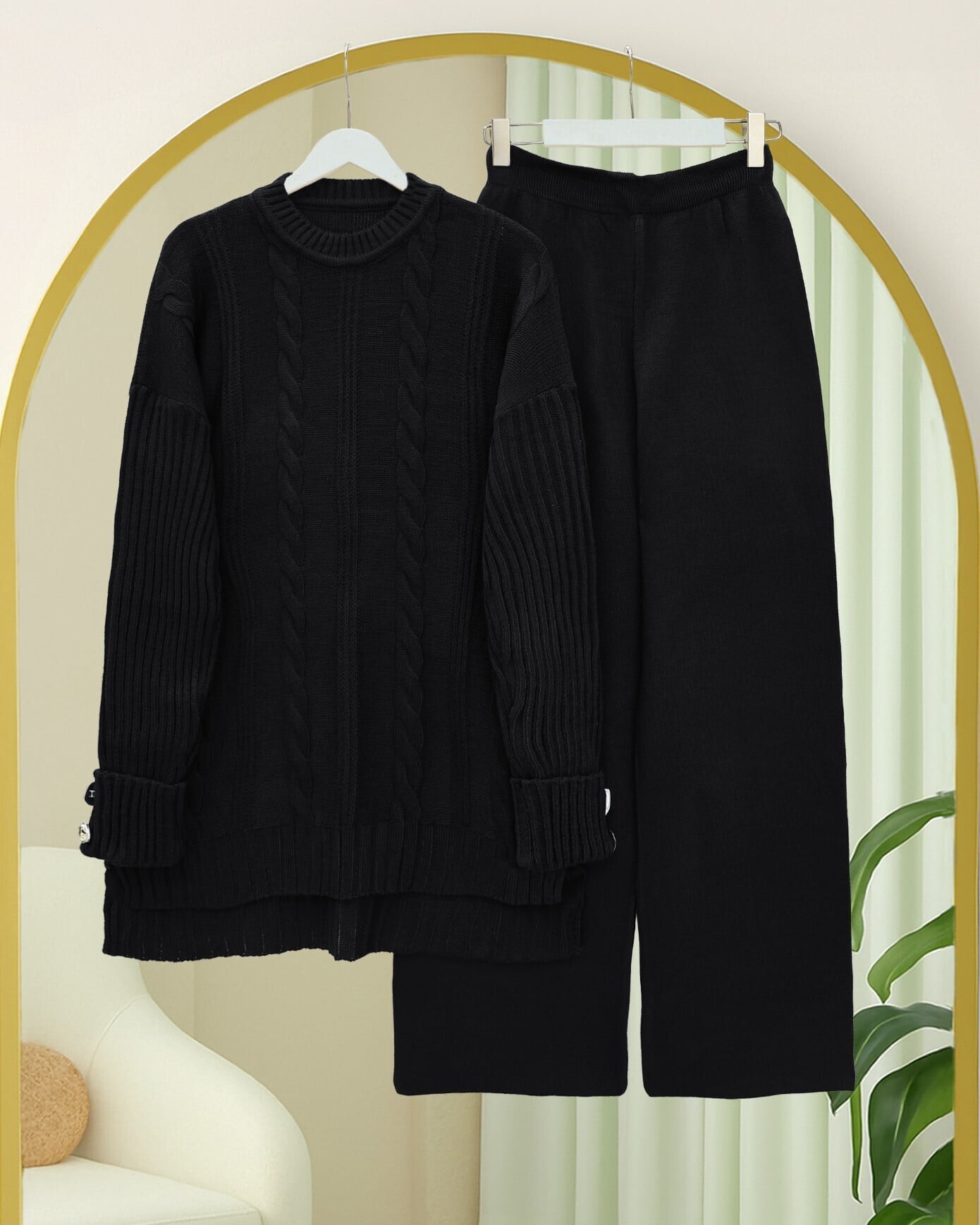 Black Cable-Knit Sweater and Trousers Set with Button Detail - Podyumplus - by Peralane - photo 3