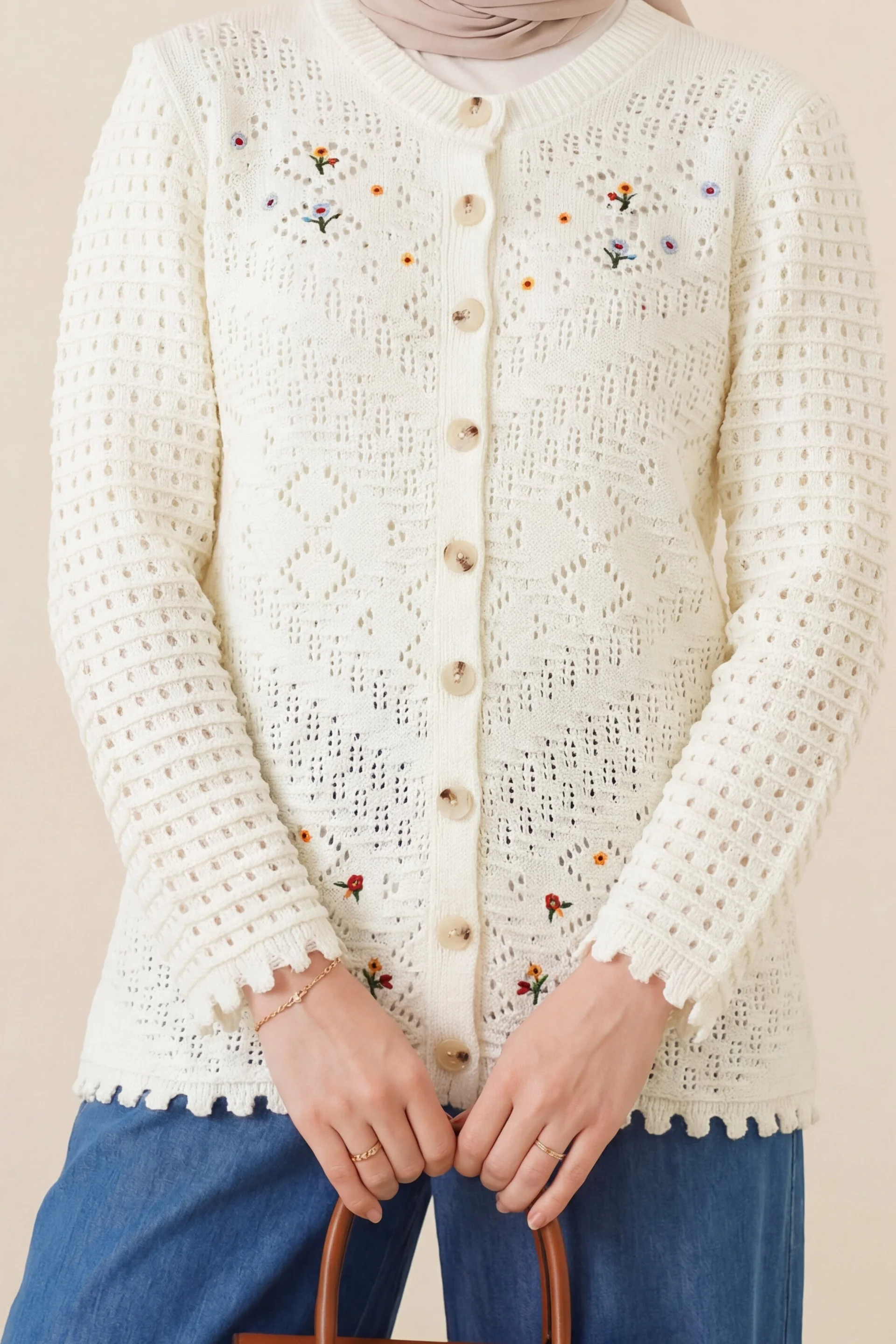 Women's Cream Knit Cardigan with Floral Embroidery and Openwork Pattern - Podyumplus - by Peralane