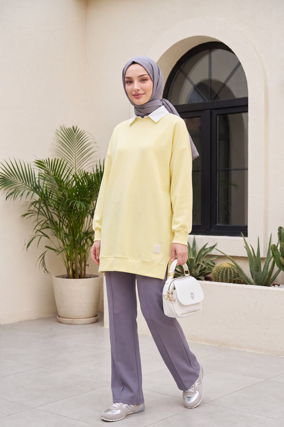 Crew Neck Sweatshirt with Slit and Emblem - Light Yellow - Podyumplus - by Peralane - photo 2