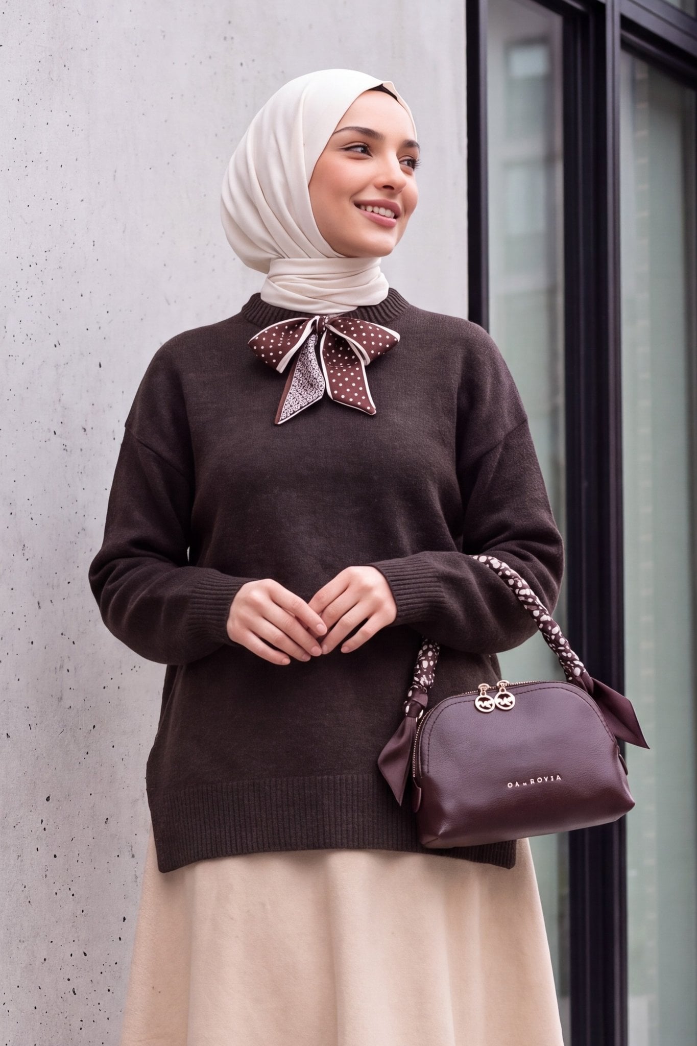 Scarf Collar Soft Knit Sweater - Dark Brown - Podyumplus - by Peralane - photo 2