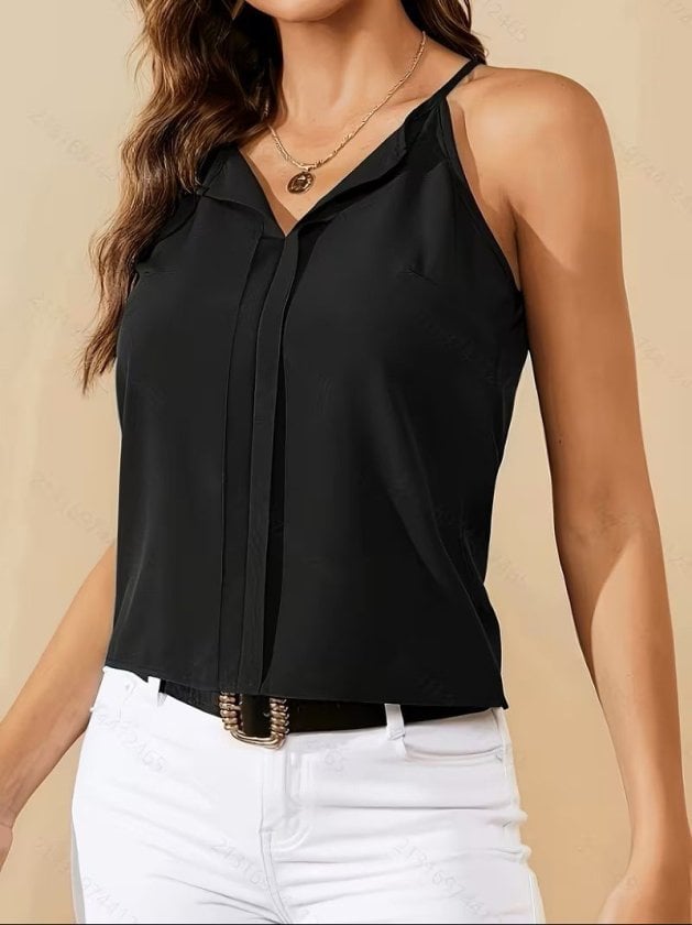 Women's Black Spaghetti Strap Blouse with Front Opening Collar Detail - Janes - by Peralane - photo 2