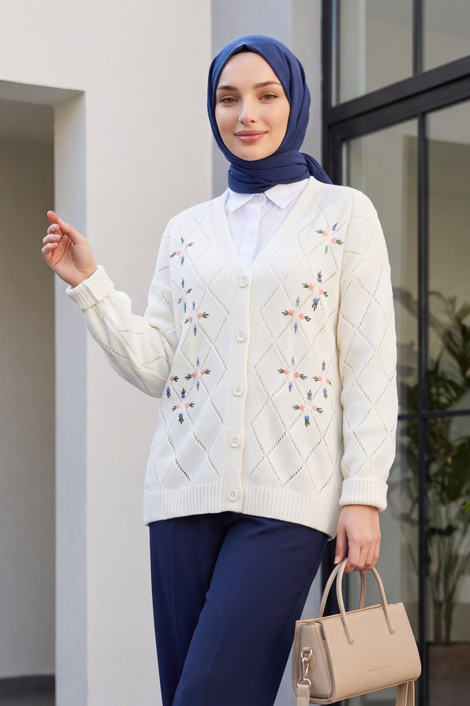 Women's Embroidered Floral Knit Cardigan - Ecru - Podyumplus - by Peralane - photo 2