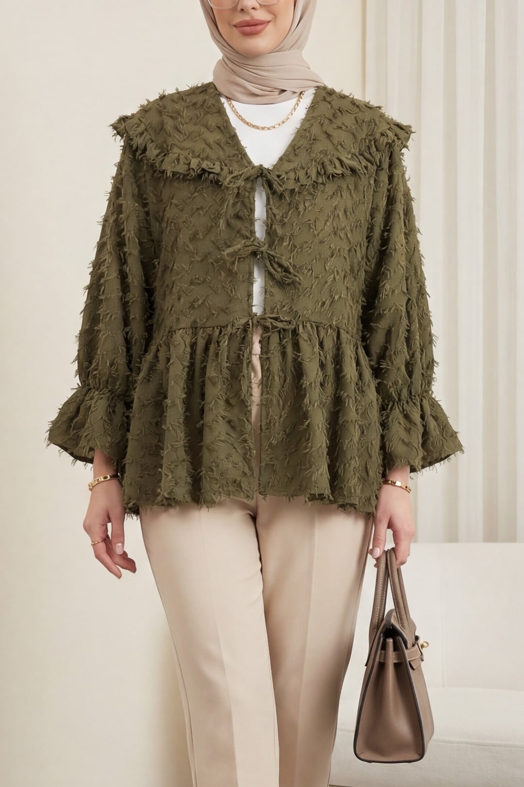 Front Tie Textured Clip Jacquard Kimono - Olive Green - Podyumplus - by Peralane