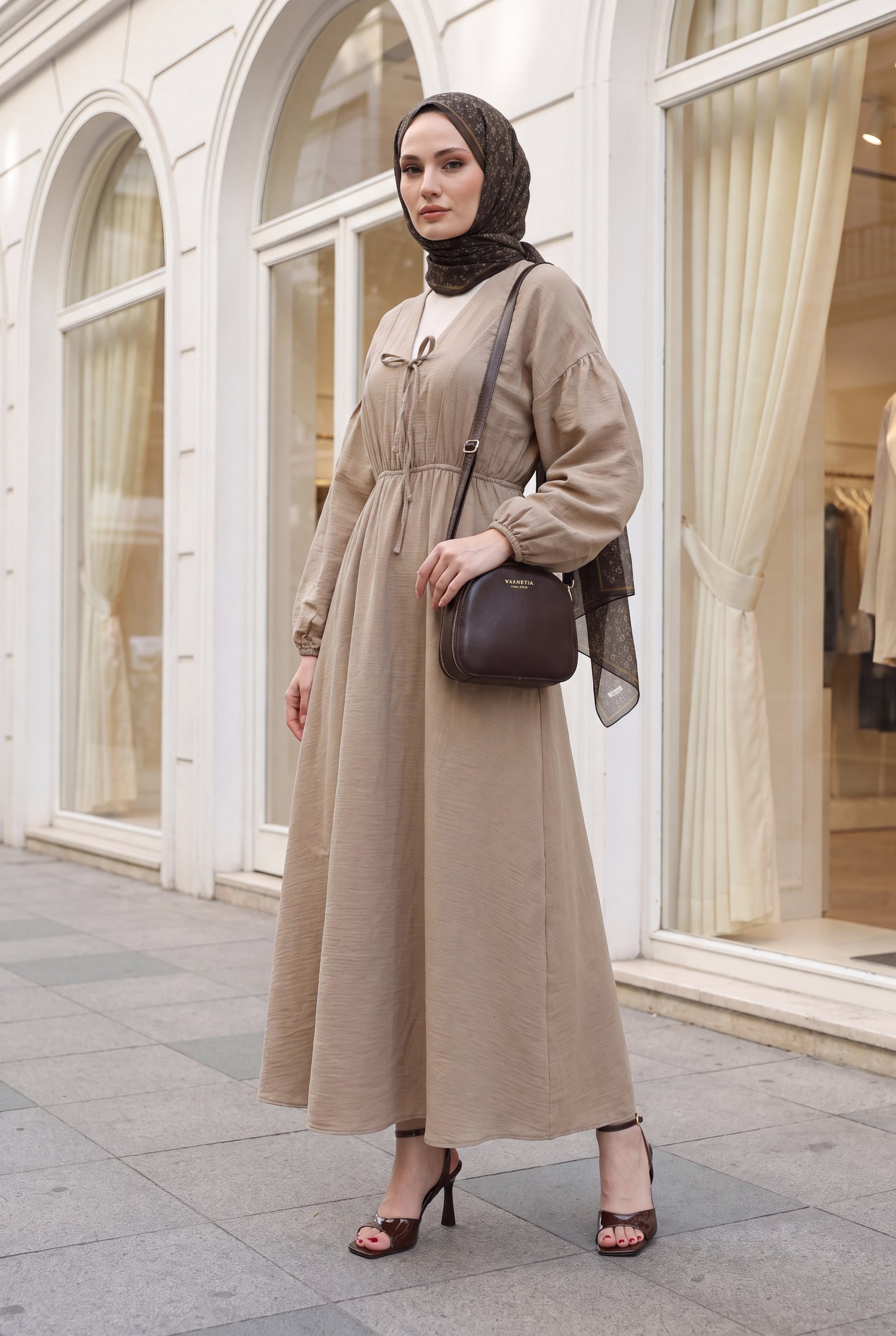 V-Neck Tie-Front Long Muslin Dress with Elasticated Waist and Balloon Sleeves - Beige - Podyumplus - by Peralane - photo 2