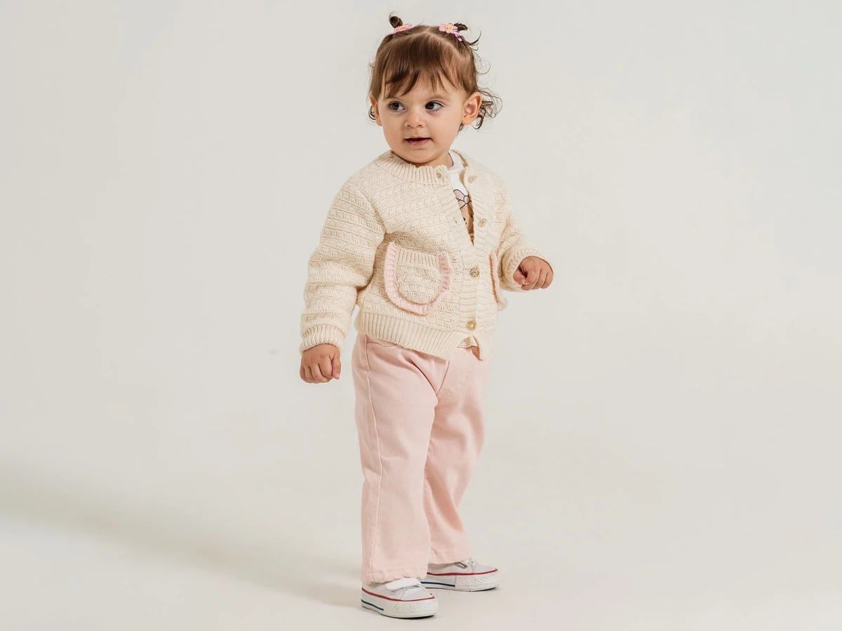 Baby Girl Knitted Cardigan and Trousers Set with Bear Print - Pale Pink - Pampal Kids - by Peralane