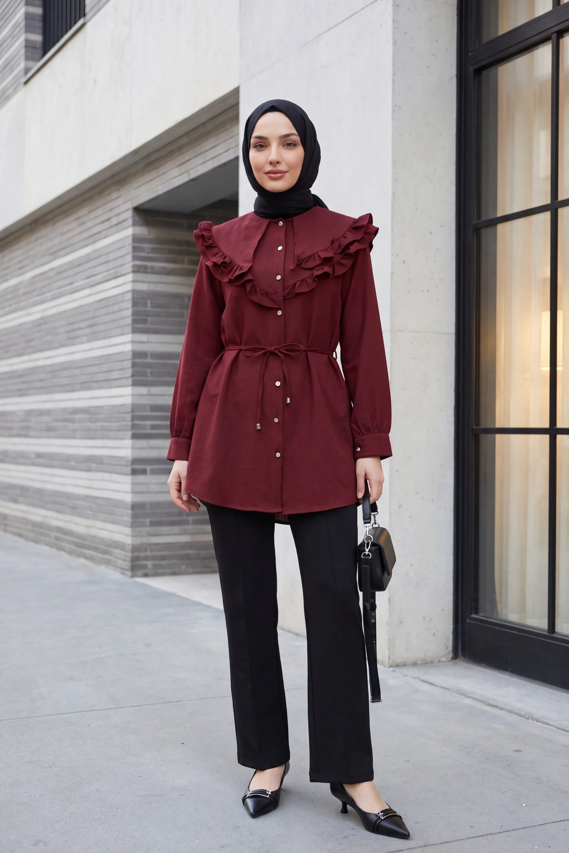 Double-Layer Ruffled Collar Buttoned Tie-Waist Linen Look Tunic - Burgundy - Podyumplus - by Peralane - photo 2