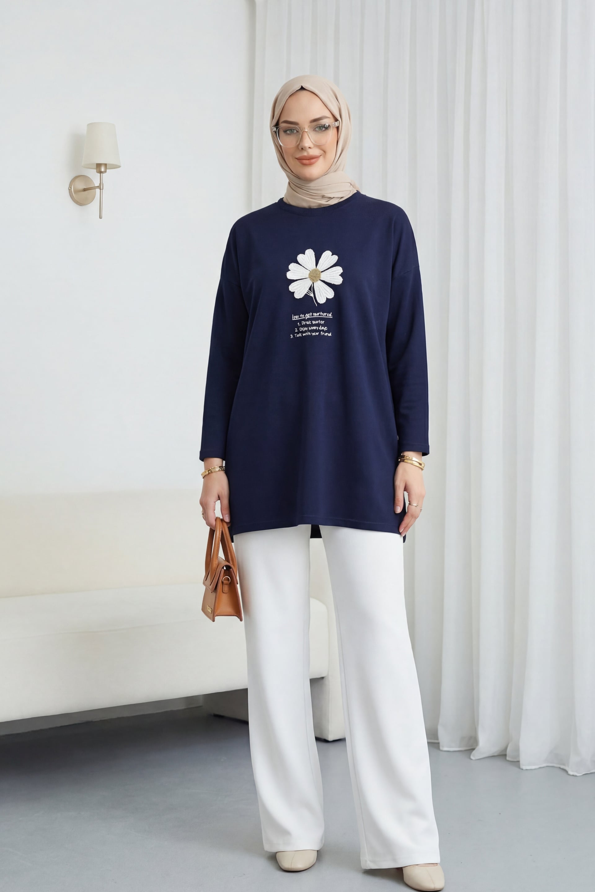 Navy Floral Embroidered Crew Neck Knit Tunic - Podyumplus - by Peralane - photo 4