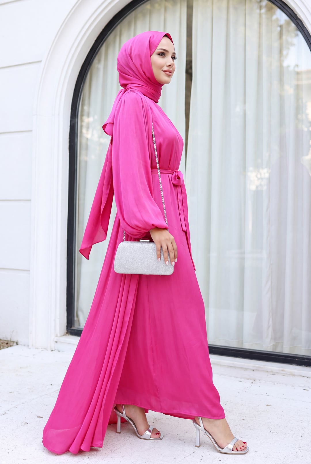 Krinkl Silk Satin 3-Piece Abaya Set - Fuchsia - Podyumplus - by Peralane - photo 6