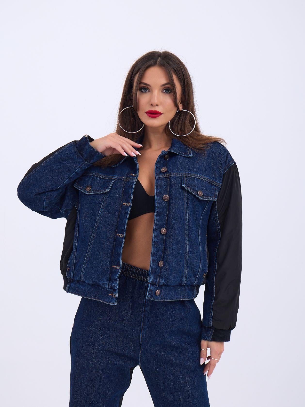 Women's Denim Jacket with Black Sleeves - Dark Blue - Fame - by Peralane - photo 2