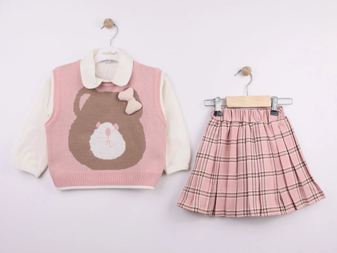 Girl's 3-Piece Set with Bear Embroidery Sweater Vest, Shirt, and Pleated Skirt - Ecolkiz - by Peralane