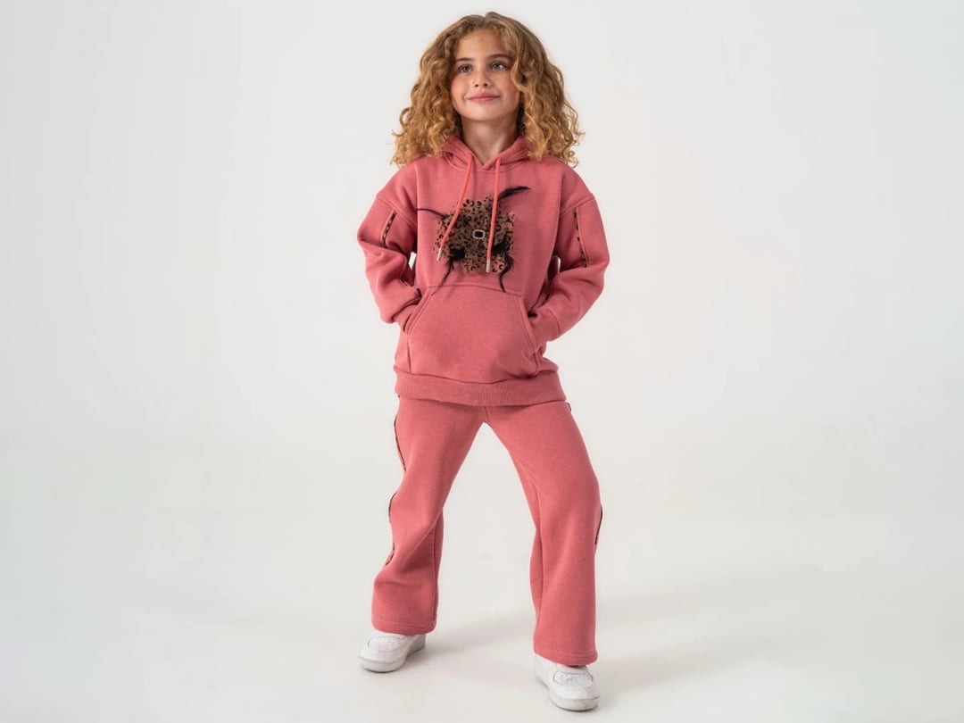 Girls' Hooded Sweatshirt and Trousers Set with Leopard Print - Dusty Rose - Lumii - by Peralane