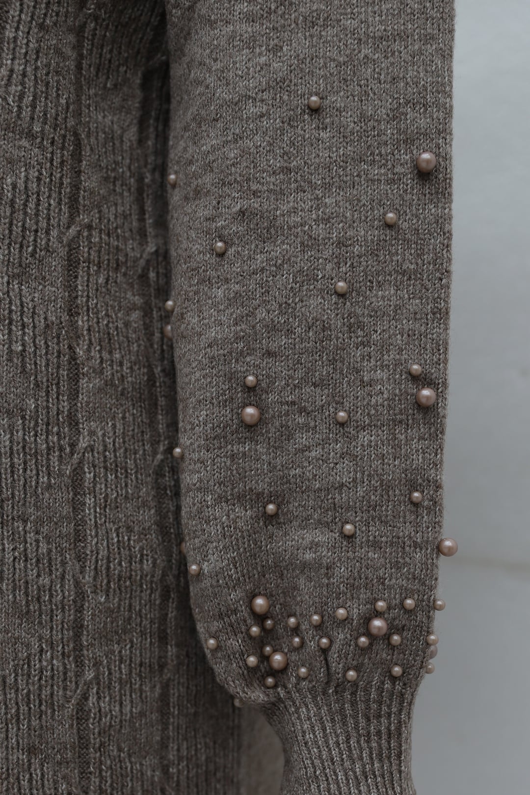 Pearl Detail Patterned Relaxed Knit Tunic - Light Brown - Podyumplus - by Peralane - photo 8