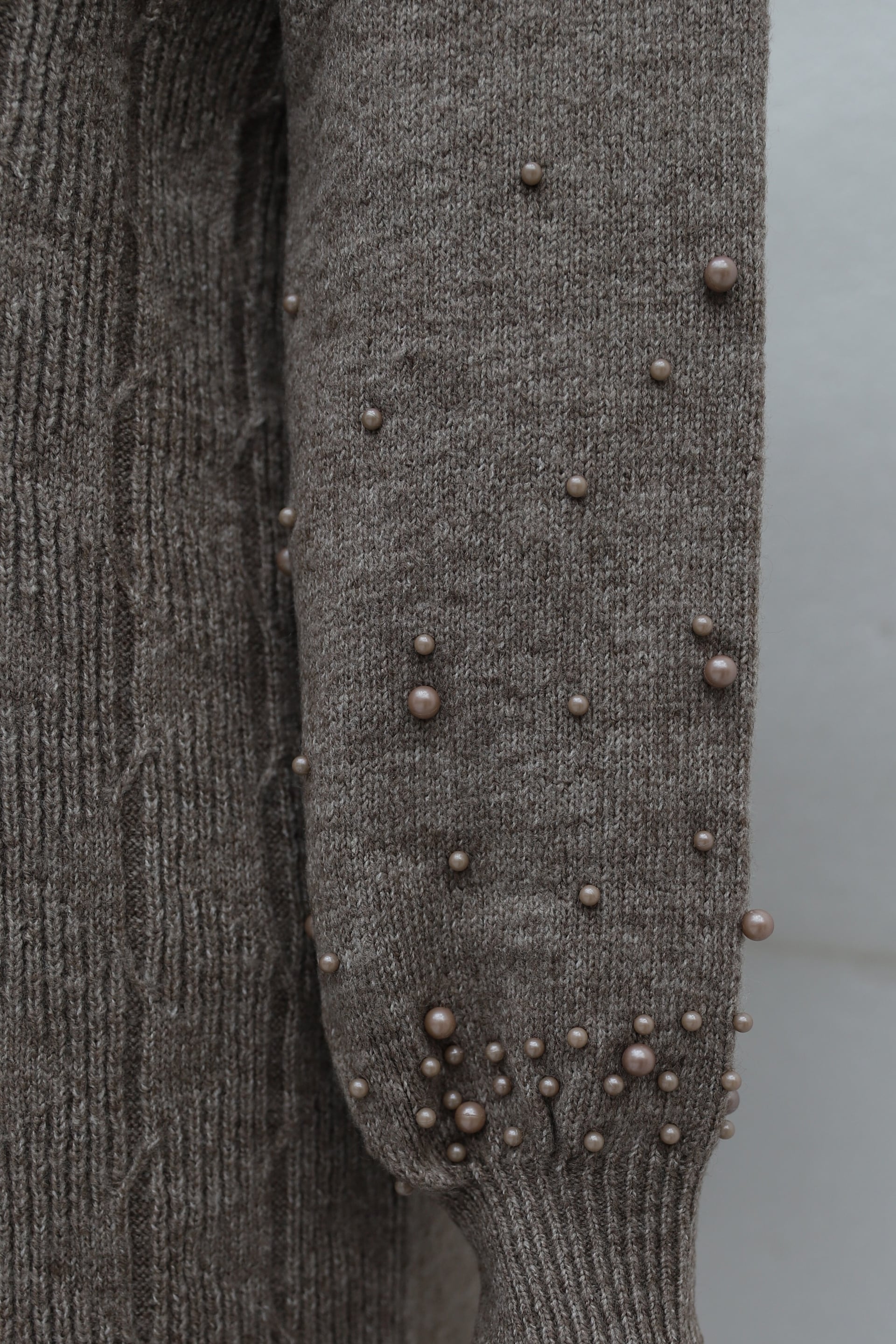 Pearl Detail Patterned Relaxed Knit Tunic - Light Brown - Podyumplus - by Peralane - photo 8