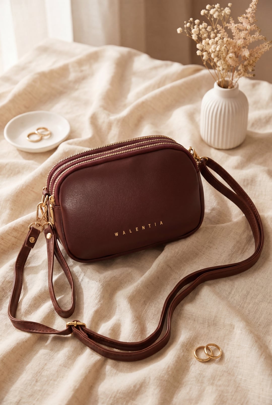 Three-Compartment Long-Strap Mini Portfolio Bag - Burgundy - Podyumplus - by Peralane