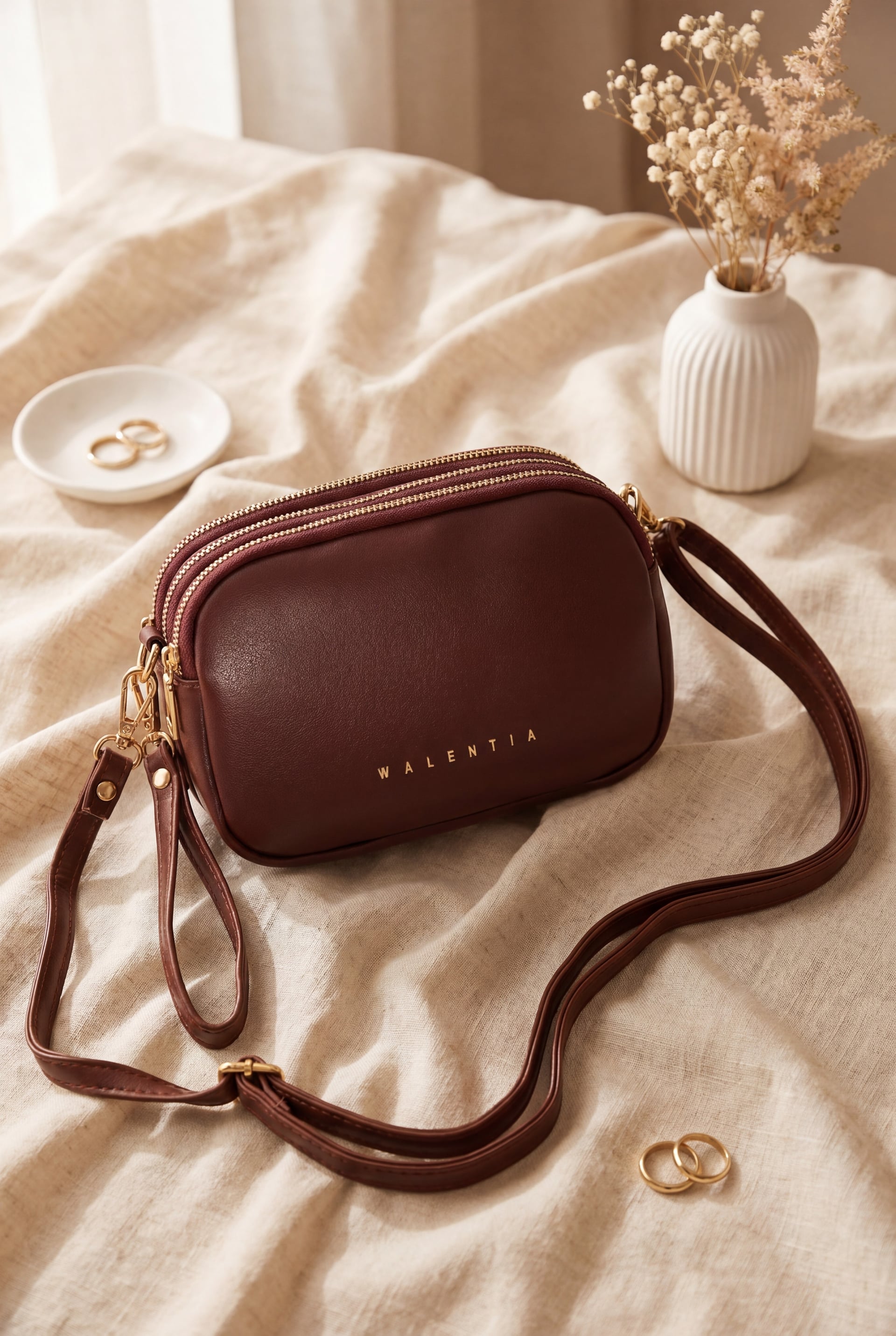 Three-Compartment Long-Strap Mini Portfolio Bag - Burgundy - Podyumplus - by Peralane